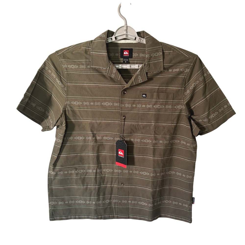 Quiksilver Button Down Shirt Mens Size M Olive Green Tribal Stripe Short Sleeve